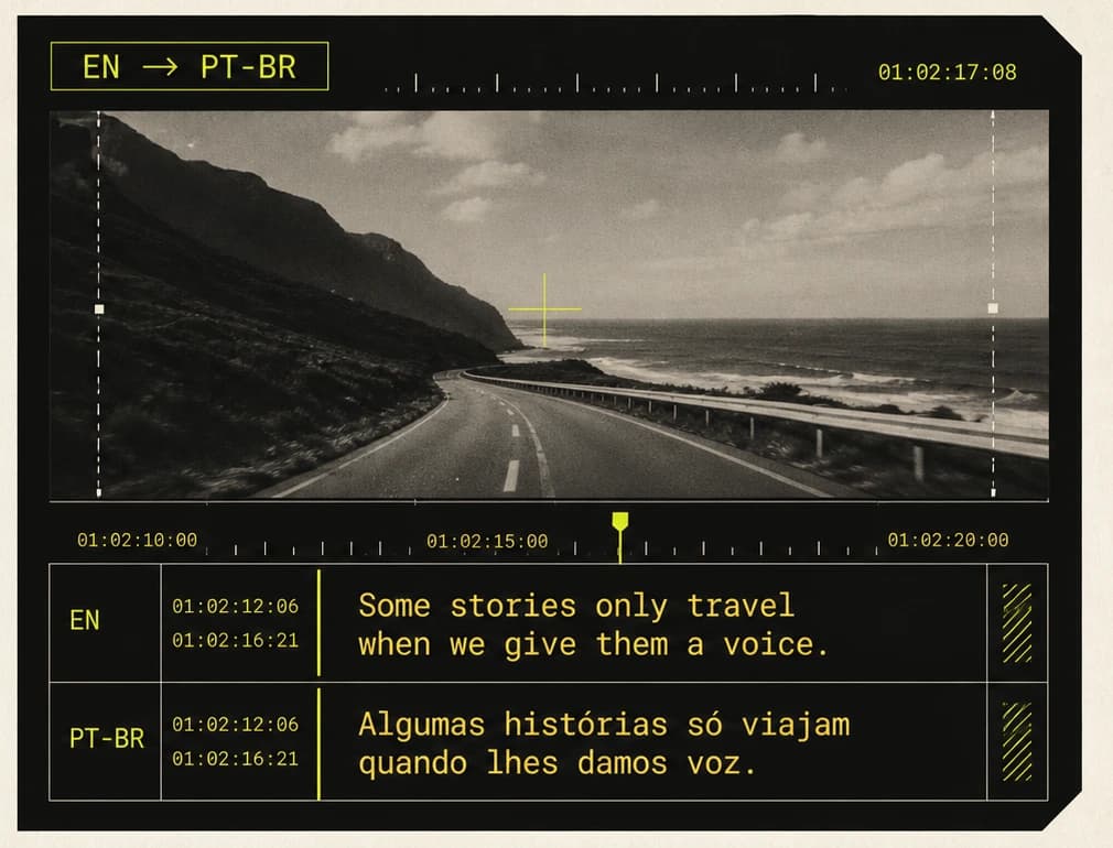 SubWiz translating English subtitles into Brazilian Portuguese in a cinematic editing timeline
